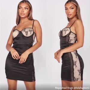 Black Satin Silk Nude Contrast Lace Panel Sleeveless Bustier Bodycon Mini Dress